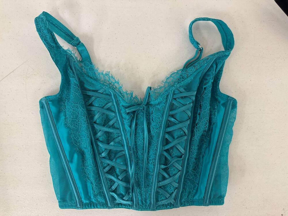 Victoria's Secret Corset Bustier Top Teal Lace Strappy Cage Design Size S-DD